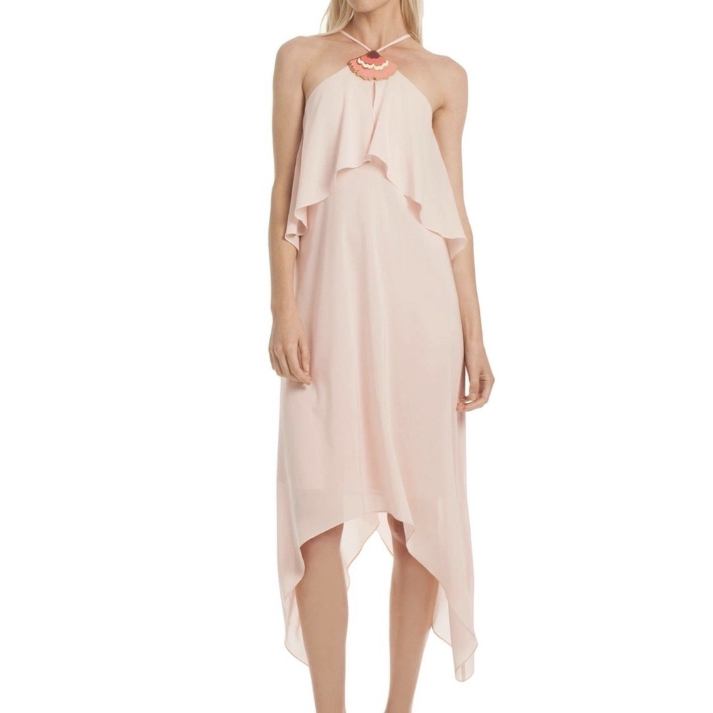 TRINA TURK Sz 8 Pink Silk Blend MEDALLION HALTER DRESS Fairy Coquette READ